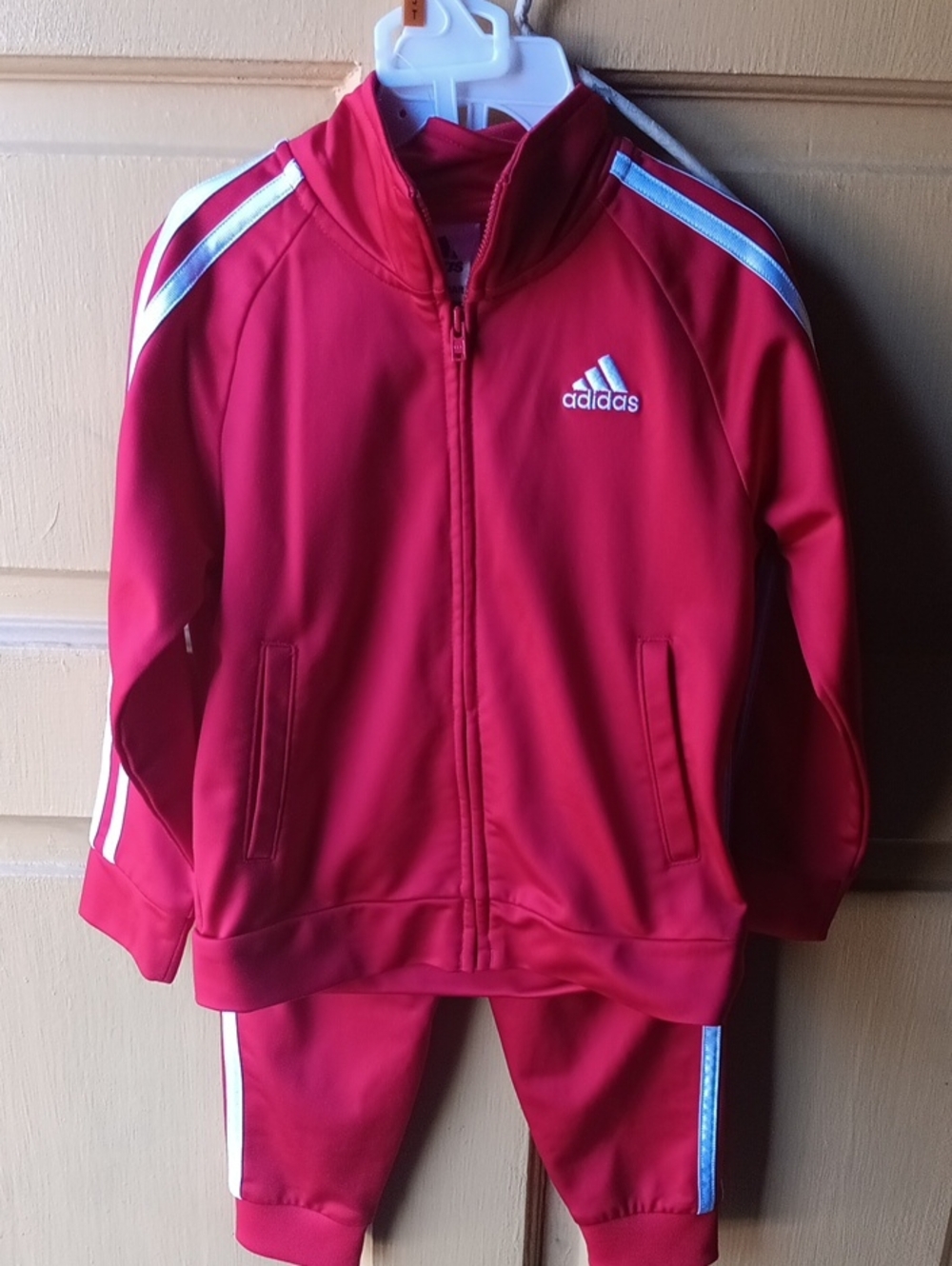 adidas Red Kids Track Jacket and Pants Set with White Stripes